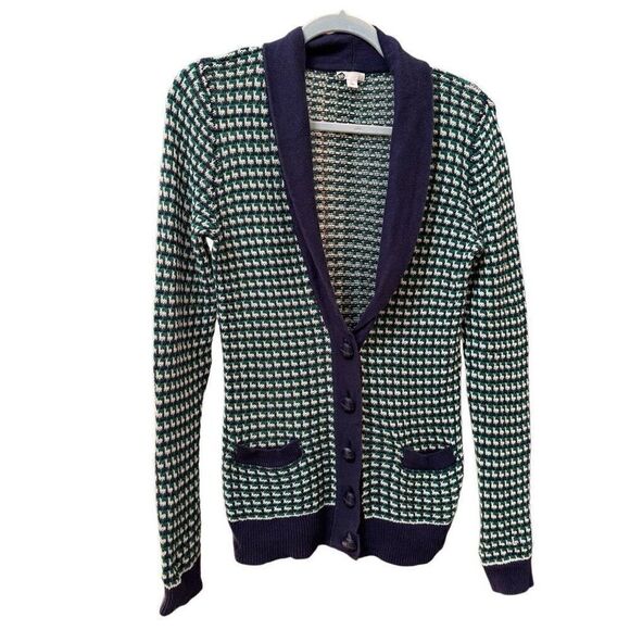 BP (L) woven cotton waffle cardigan sweater button down, navy and green, large - Picture 1 of 7
